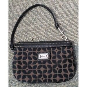 Fossil Black Brown Canvas Leather Wristlet Wallet KeyPer Zip Trim Classic‎